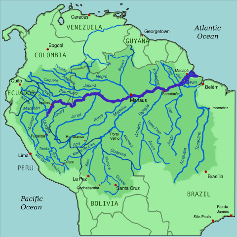 Map of the Amazon River drainage basin with the Amazon River highlighted