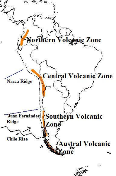 Map showing zones of the Andean Volcanic Belt