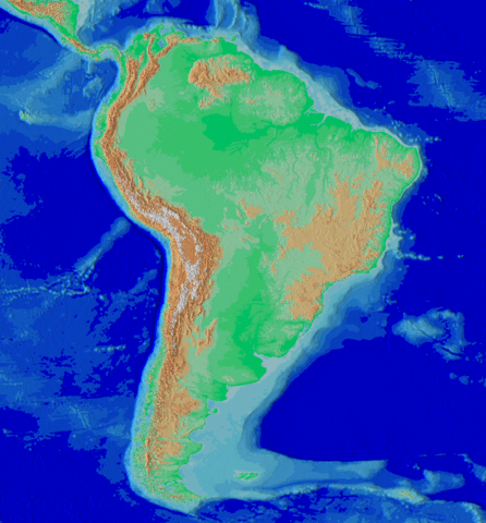 South America topographic map, Andes system along western coast