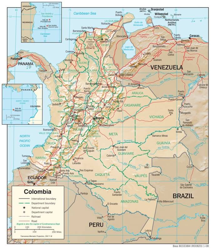 Colombia physiographic map