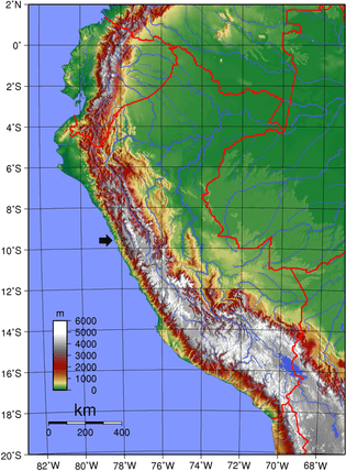 Terrain map: Arrow indicates location of the Cordillera Negra