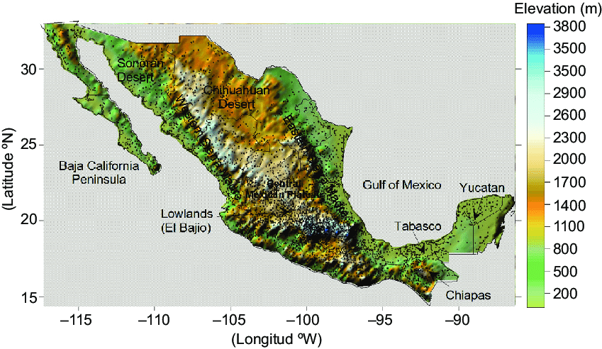 Elevation map of Mexico including its main topography features