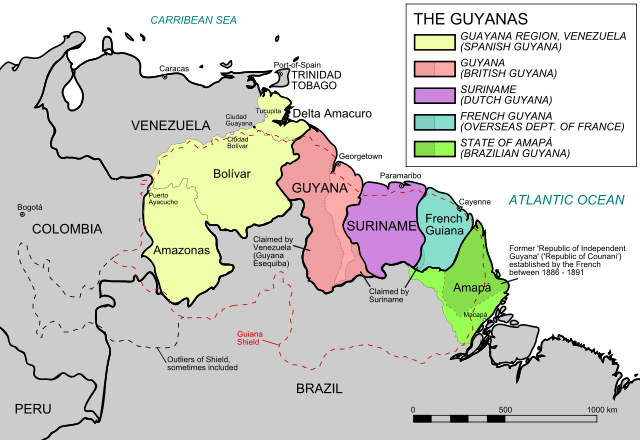 Political map of The Guianas, including the Venezuelan (former Spanish Guayana) and the Brazilian (former Portuguese Guiana) Guianas.