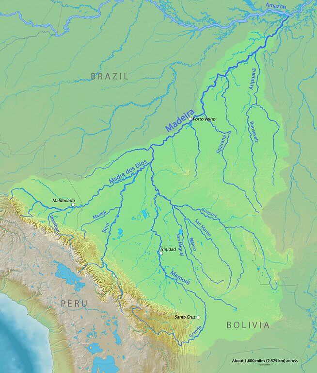 Map of the Madeira River watershed in Brazil, Bolivia and Peru