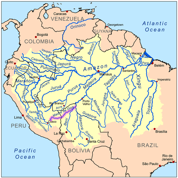 Map of the Amazon River drainage basin with the Madre de Dios River highlighted