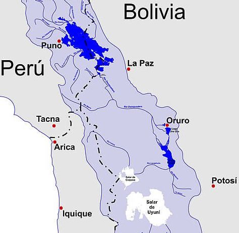 Map showing Lake Titicaca, Rio Desaguadero, Lake Poopó and the Salar de Uyuni basin