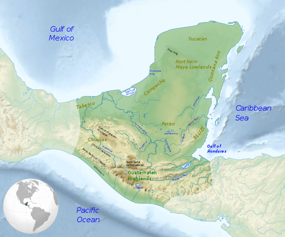 Map of the Maya region, with major rivers, mountain ranges and regions