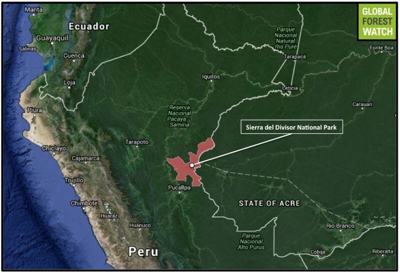 Map showing the location of the Serra del Divisor National Park in Peru