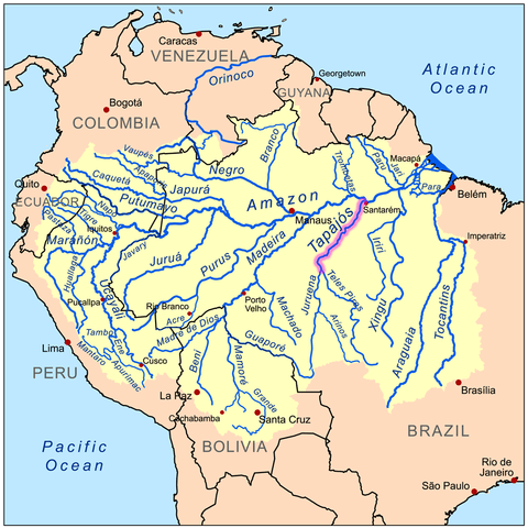 Map of Amazon drainage basin with Tapajos River highlighted