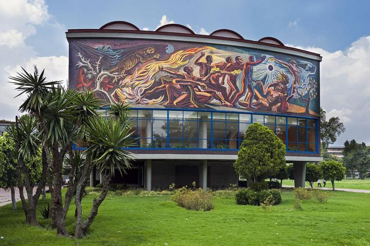 Rear facade of the Alfonso Caro auditorium building on the Ciudad University campus, Mexico City