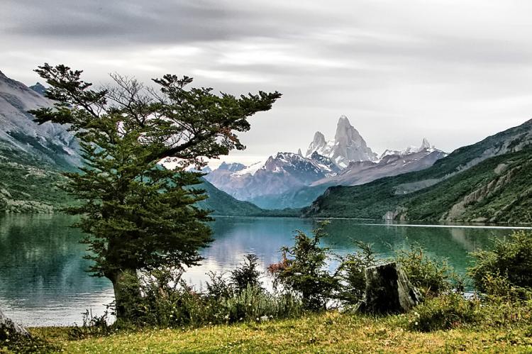 View of Lago del Desierto, Argentina. In the background to the right is Mount Fitz Roy (or Cerro Chaltén).