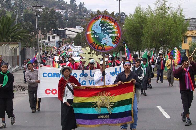 Members of the Confederation of Indigenous Nationalities of Ecuador (CONAIE) march in Quito, Ecuador