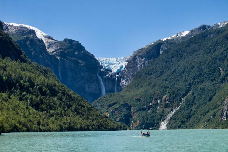 View of the Hanging Glacier (Ventisquero Colgante) from lagoon (Laguna Tempanos) in Queulat National Park, Chile