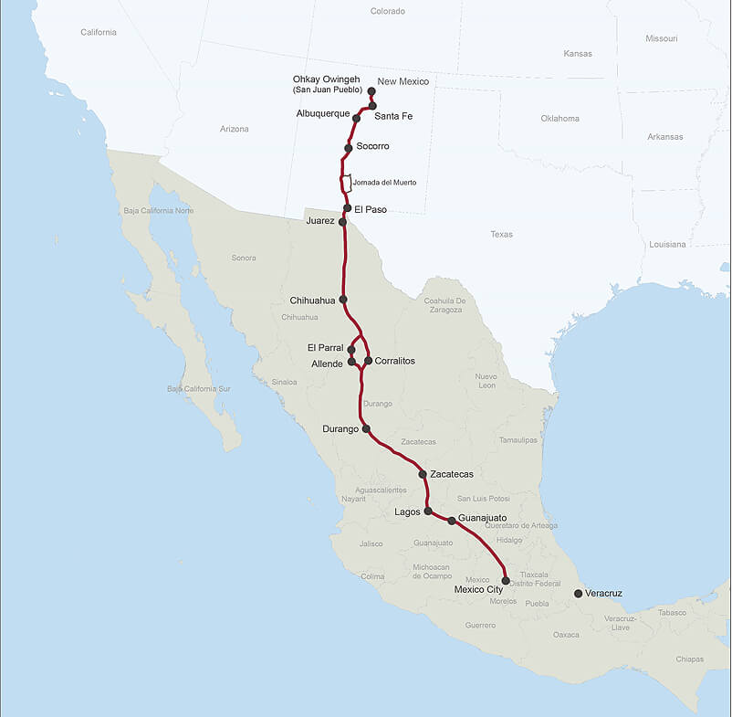 The historic map shows the trail from Mexico City to Ohkay Owingeh (San Juan) Pueblo.