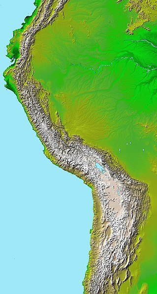 Topographic map of the Andes. The Bolivian Orocline is visible as a bend in the coastline and the Andes.