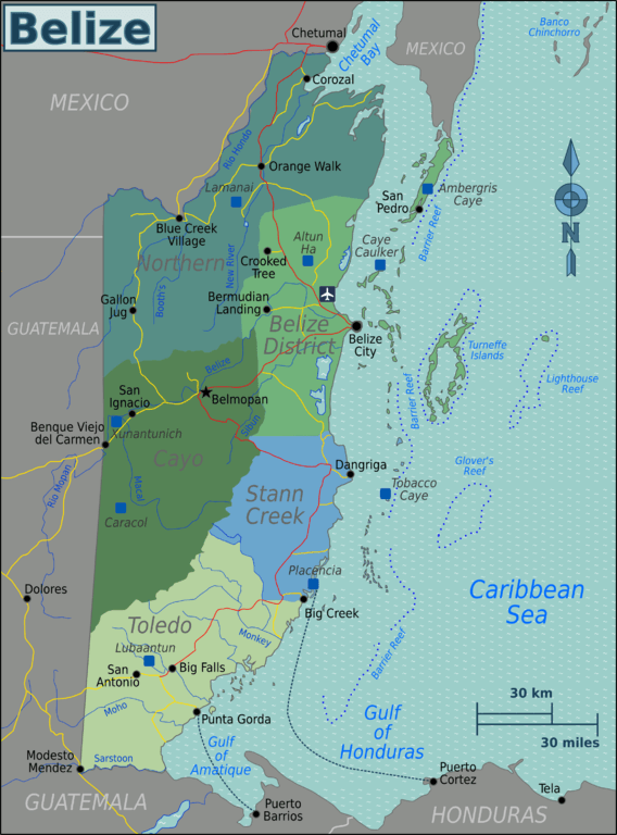 Map depicting the regions of Belize
