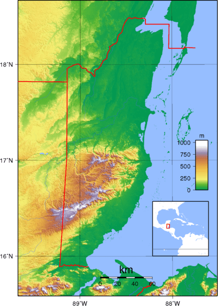 Topography map of Belize showing the Maya Mountains and Cockscomb Range