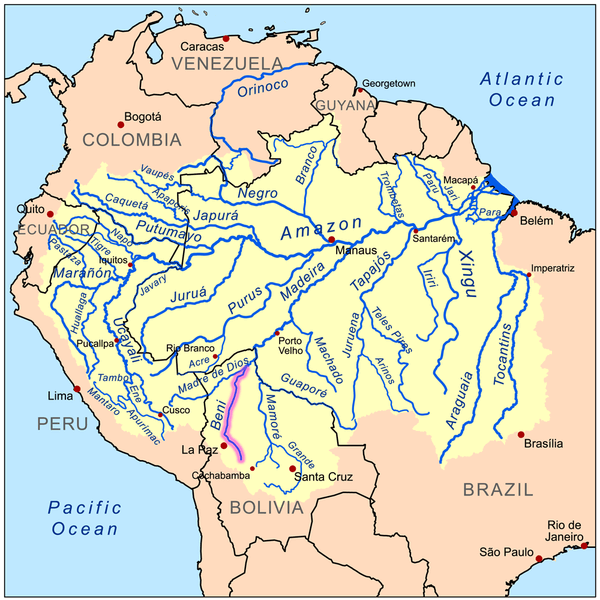 Map of the Amazon River drainage basin with the Beni River highlighted