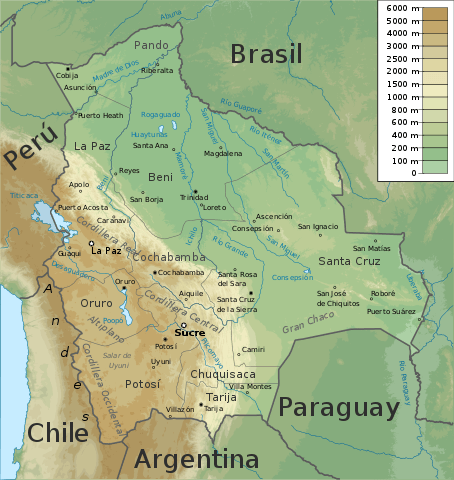 Physical map of Bolivia