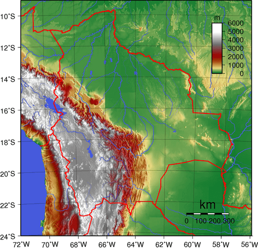 Topographical map of Bolivia showing Cordillera Oriental and Cordillera Occidental