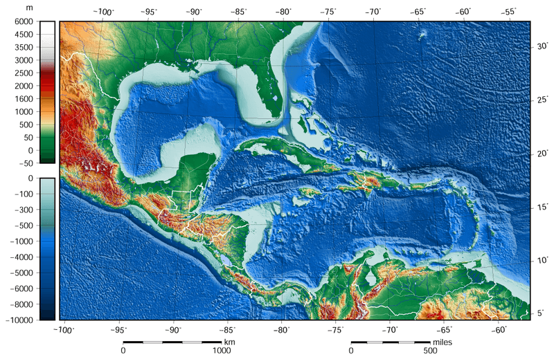 Shaded relief bathymetry and land map of the Caribbean Sea and Gulf of Mexico area