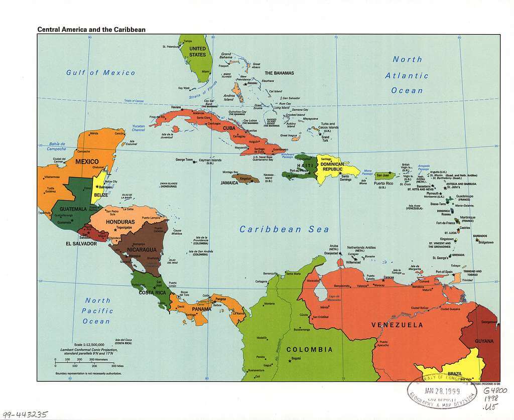 Map depicting the Caribbean region and surrounding nations
