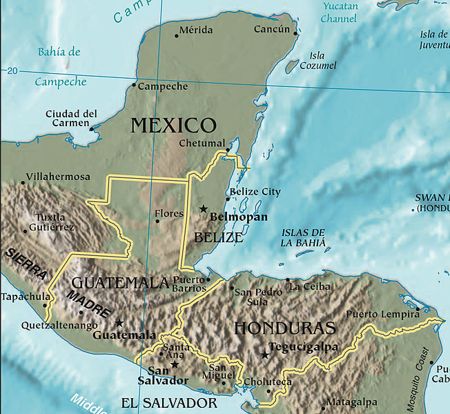 Relief map of Sierra Madre mountains in Central America