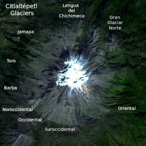 The main peaks and glaciers of Pico de Orizaba