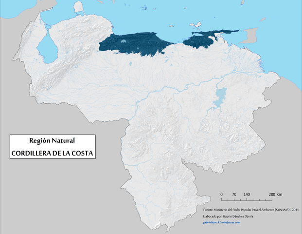 Map depicting the Venezuelan Coastal Range (Cordillera de La Costa) natural region