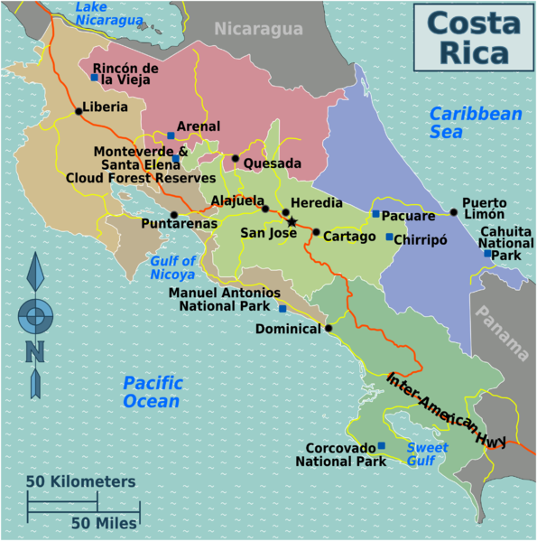 Map depicting the geographic regions of Costa Rica