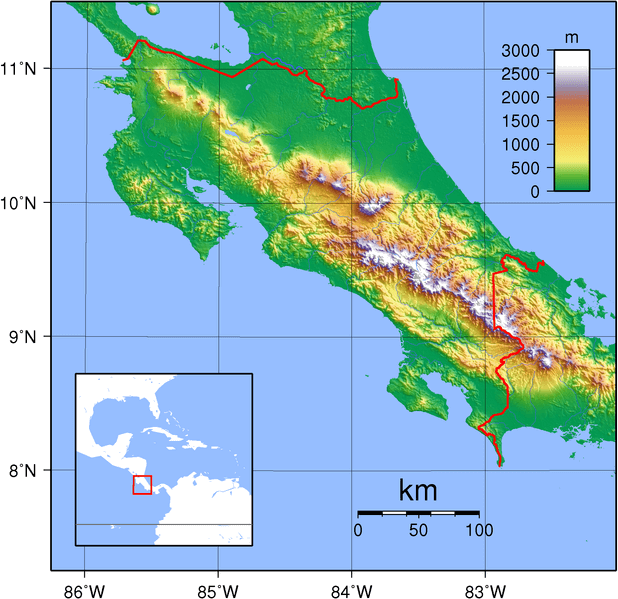 Topographic map of Costa Rica