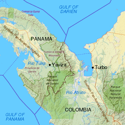 Map showing the Darién Gap break in the Pan-American Highway between Yaviza, Panama and Turbo, Colombia