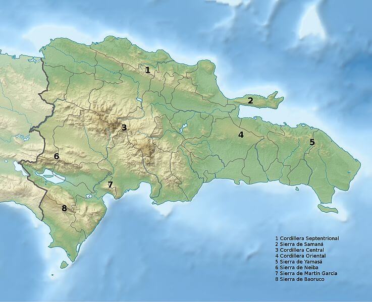 Map depicting the location of the mountain ranges of the Dominican Republic
