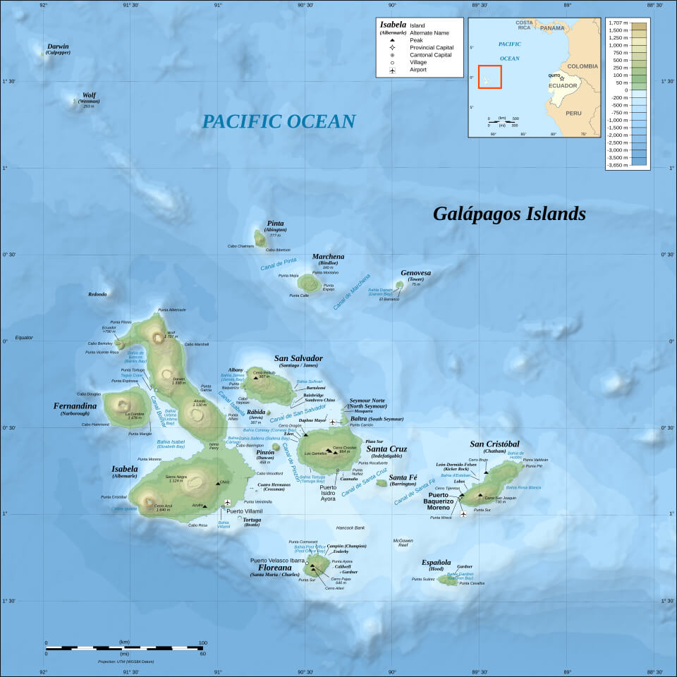 Topographic and bathymetric map of the Galápagos Islands, Ecuador.