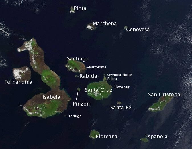 Satellite photo of the Galápagos islands overlaid with the names of the visible main islands