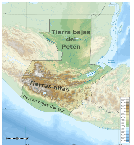 Geographical regions / relief map of Guatemala