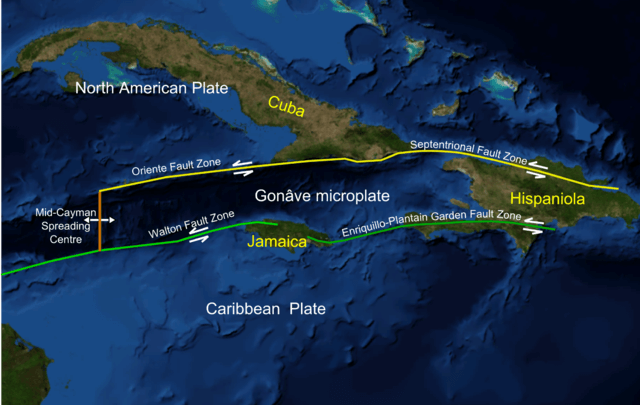 Map of the Mid-Cayman spreading center as part of the Cayman Trough, on the western edge of the Gonâve Microplate.