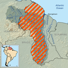 Map of the Guayana Esequiba; the orange striped area constitutes the area claimed by Venezuela