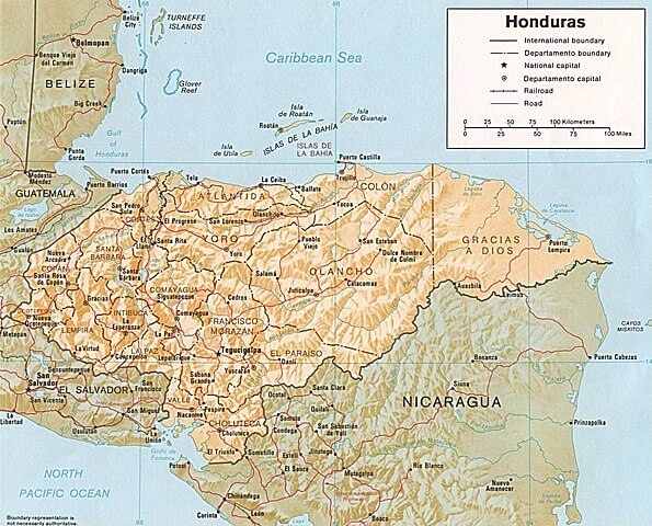 Map showing the position of the Gulf (bottom left) with respect to Honduras, El Salvador, and Nicaragua