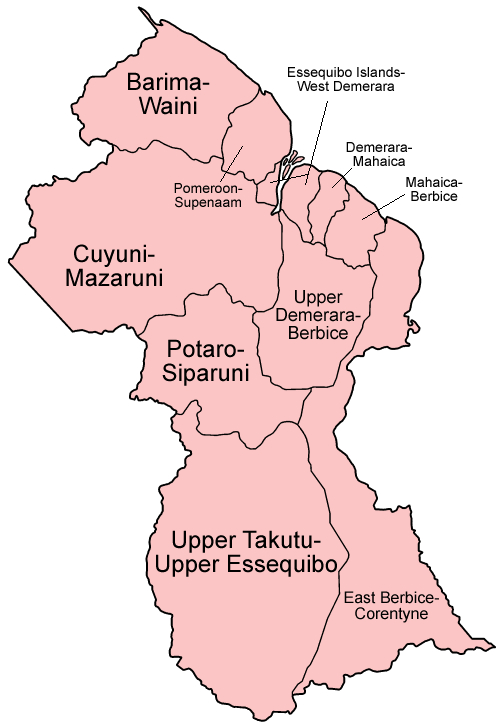 Map depicting the regions of Guyana