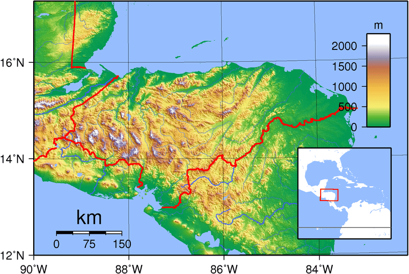 Topographic map of Honduras