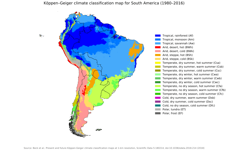 Map showing Köppens climate classification for South America.