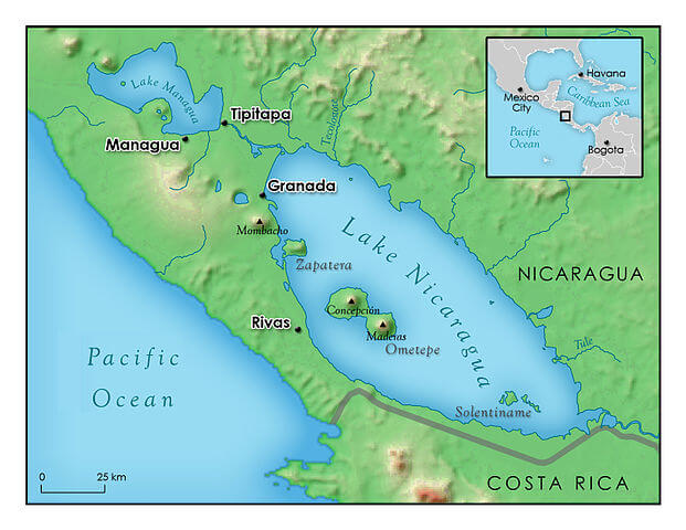 Map showing Lake Managua and Lake Nicaragua