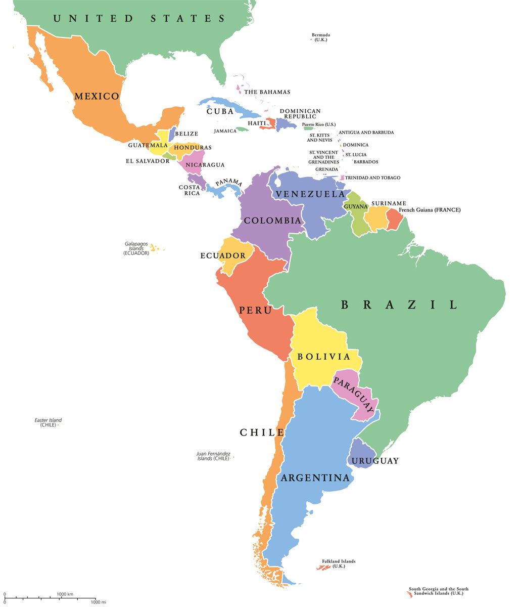 Political map of Latin America and Caribbean