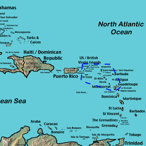 Map depicting the location of the Leeward Islands xeric scrub (islands inside dashed blue box)