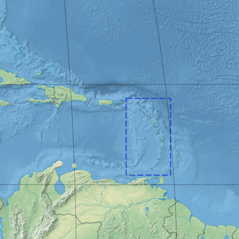 Map depicting the location of the Lesser Antilles mangroves (coastal margins of the islands in the blue box)