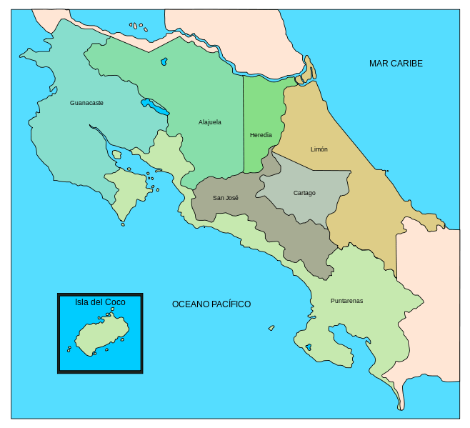 Map depicting the administrative provinces of Costa Rica