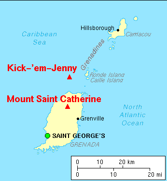 Map depicting the location of the major volcanoes of Grenada and vicinity, West Indies