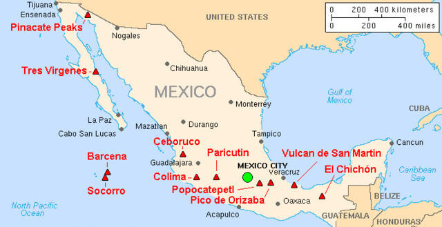 Major active volcanoes of Mexico. From west to east, volcanoes part of the Trans-Mexican Volcanic belt are Nevado de Colima, Parícutin, Popocatépetl, and Pico de Orizaba.