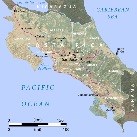 Map of Costa Rica: the major cities of San José, Heredia, Alajuela and Cartago are located in the Valle Central